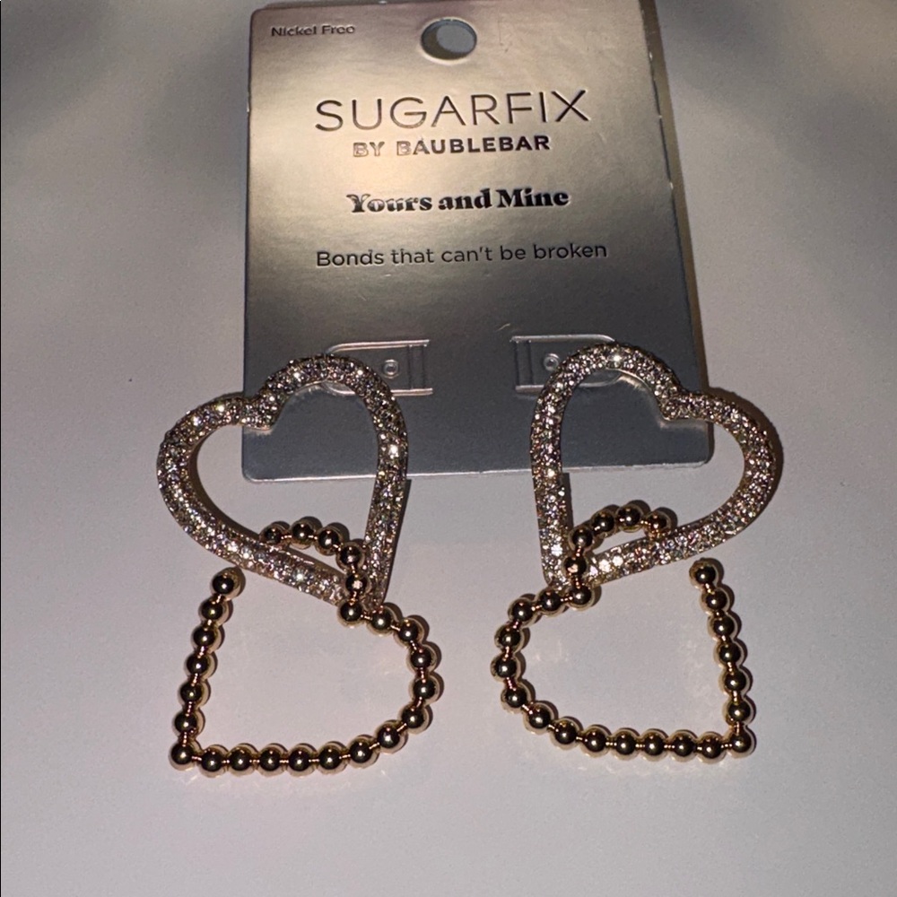 Sugarfix by BaubleBar Gold Double Heart Earrings with Crystal stones new